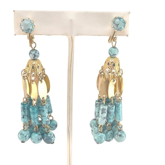 Vintage Turquoise Plastic Clip on Tassel Earrings 3 inch - Picture 1 of 6